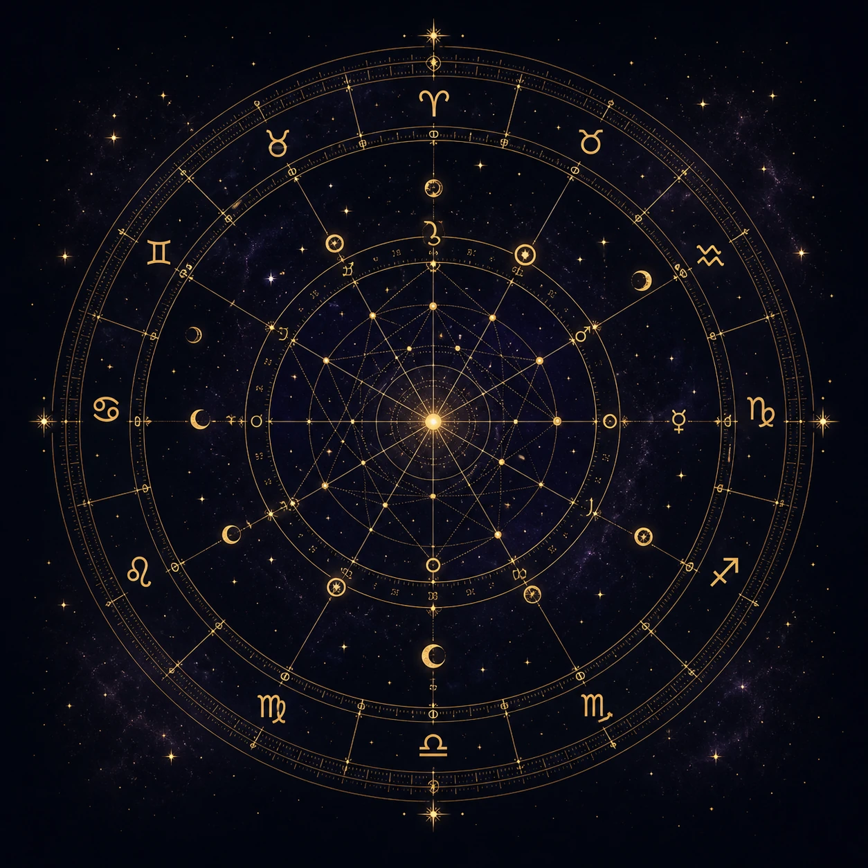 Detailed golden natal chart wheel